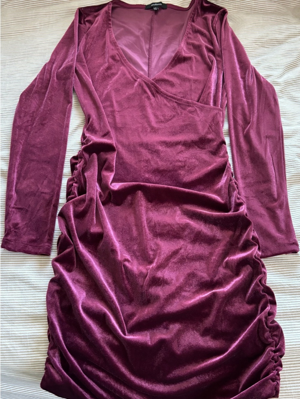Fashion Nova Plum Velvet Ruched Long-Sleeve Wrap Dress